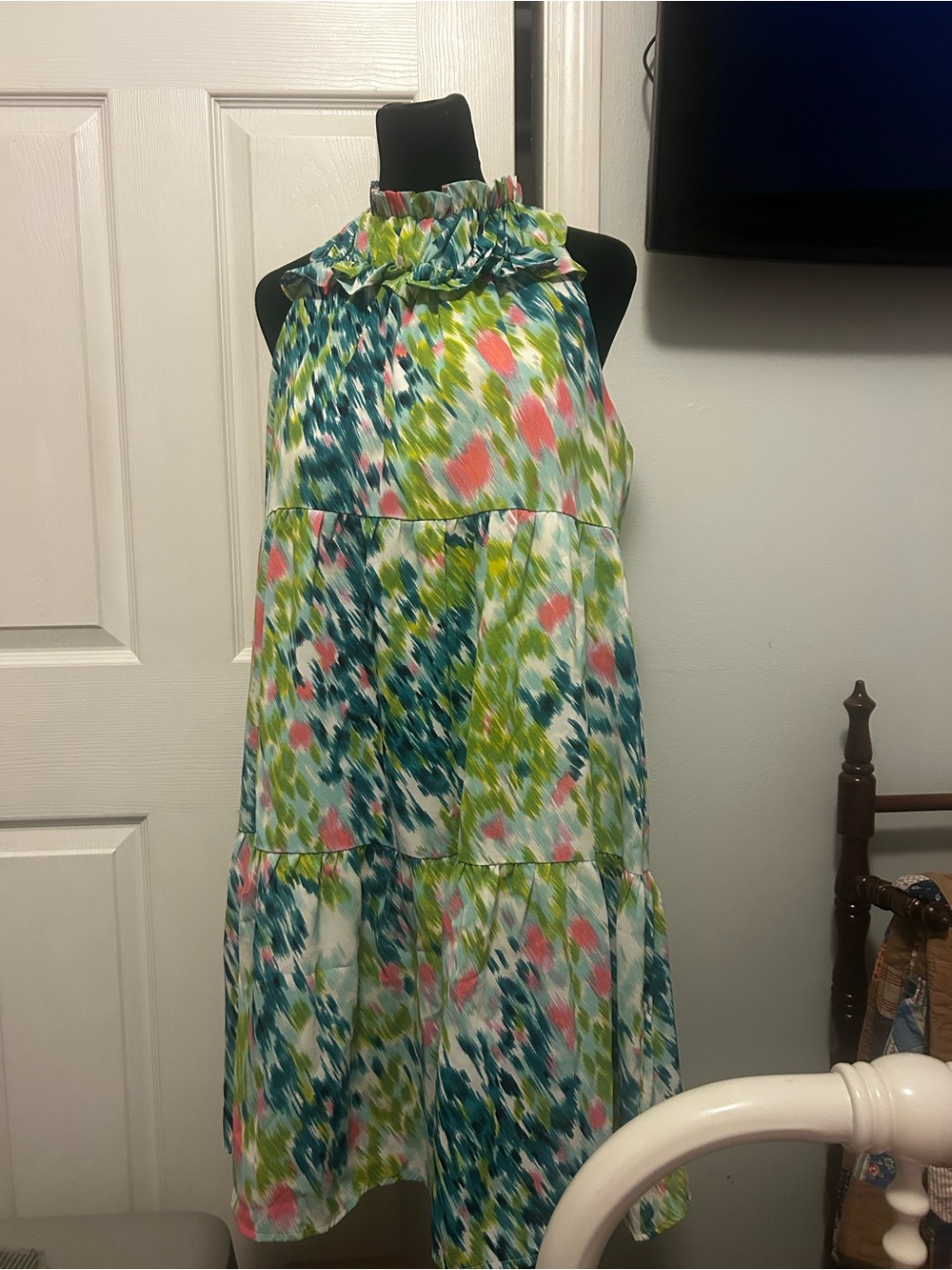 Shop the Mint Watercolor Floral Halter Dress in Blue, Green & Pink